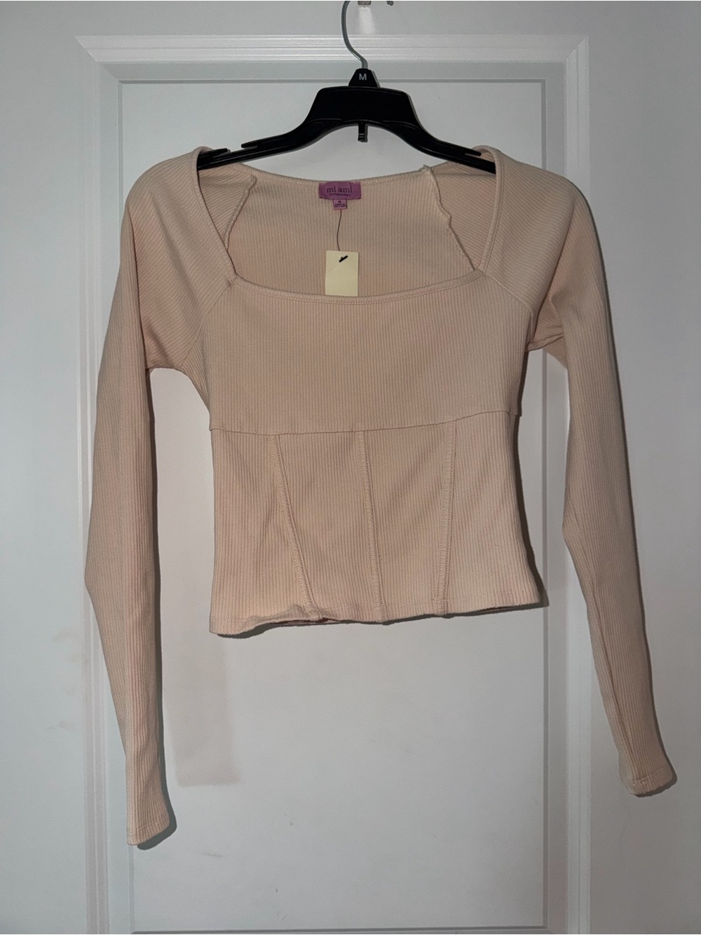Beige Ribbed Long-Sleeve Square Neck Top